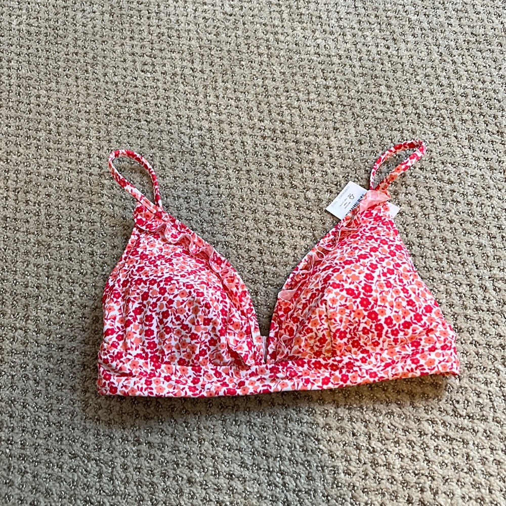 J. Crew Floral French Bikini Top w/ Ruffles sz S, Red and Peach